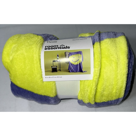 Target Room Essentials Throw Blanket Smiley Face Purple Green 50x60 Micro Fleece - Picture 1 of 5